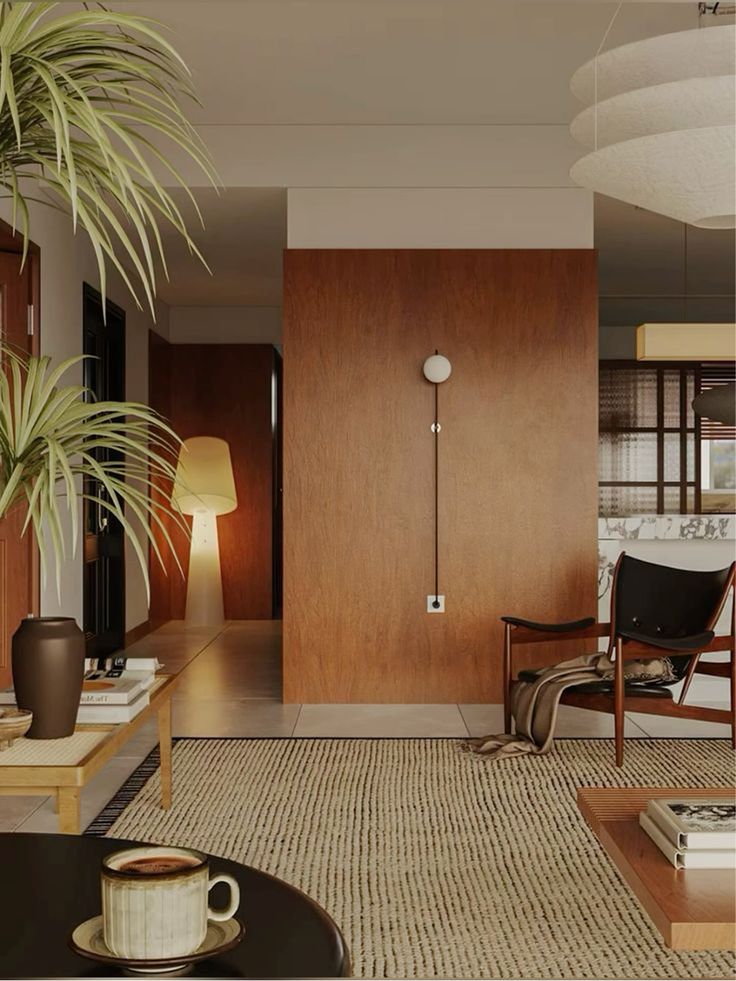 Timber, jute rug, a single plant